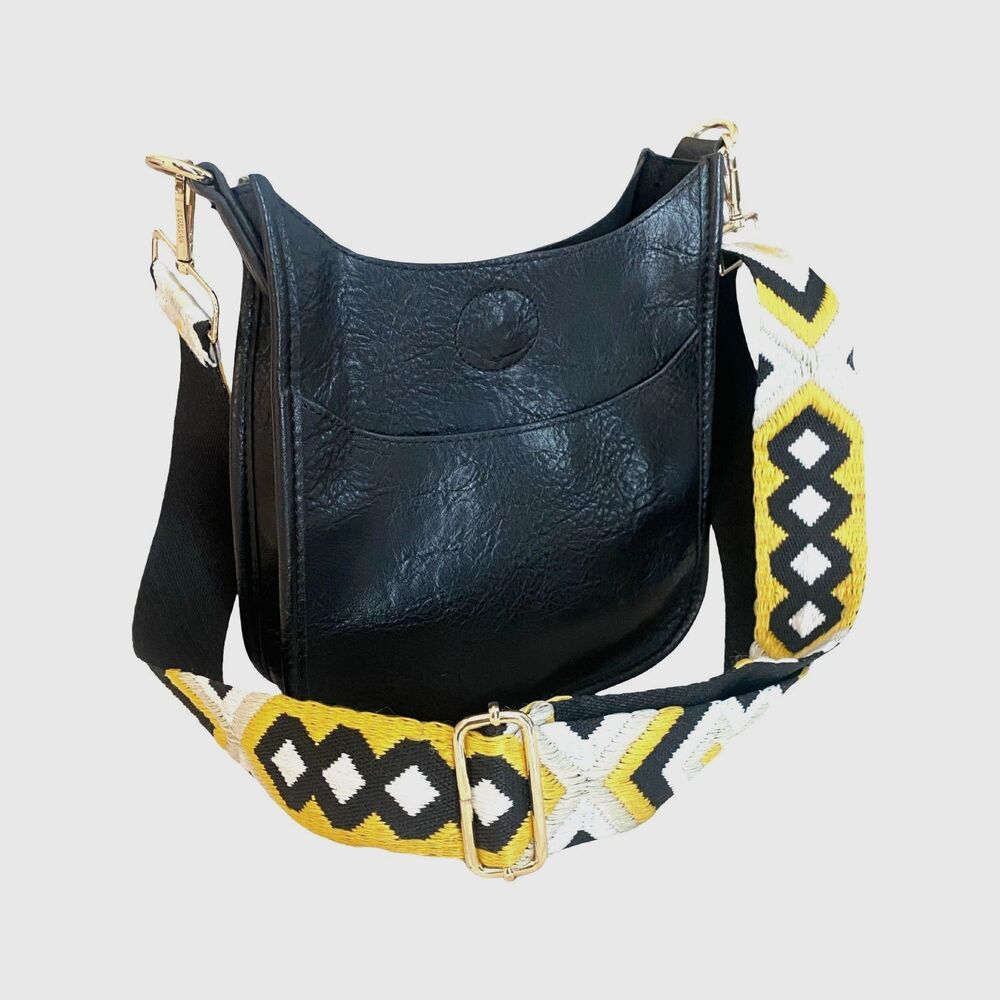 AhDorned Black Vegan Messenger Crossbody Yellow Geometric Guitar Style Strap